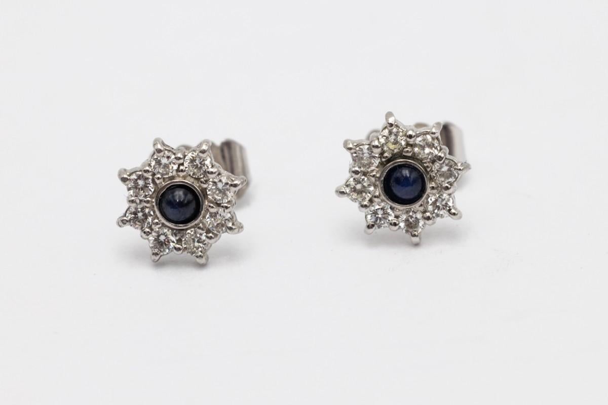 Gold stud earrings from Karmazicia with sapphires and diamonds

Made of 0.585 white gold. Centrally set cabochon-cut sapphires surrounded by brilliant-cut diamonds (clarity SI-VS) (color G-F)

16 diamonds with a total weight of 0.30 ct

2 sapphires