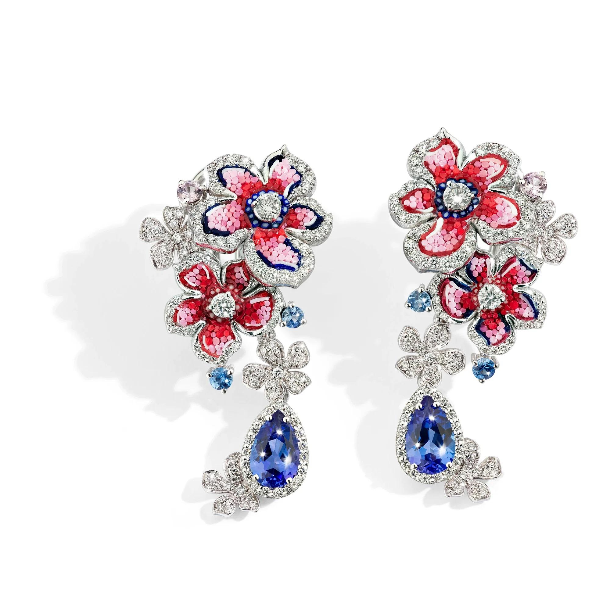 Modern White Gold Earrings with Tanzanites, White Diamonds, Sapphires and Micromosaic For Sale