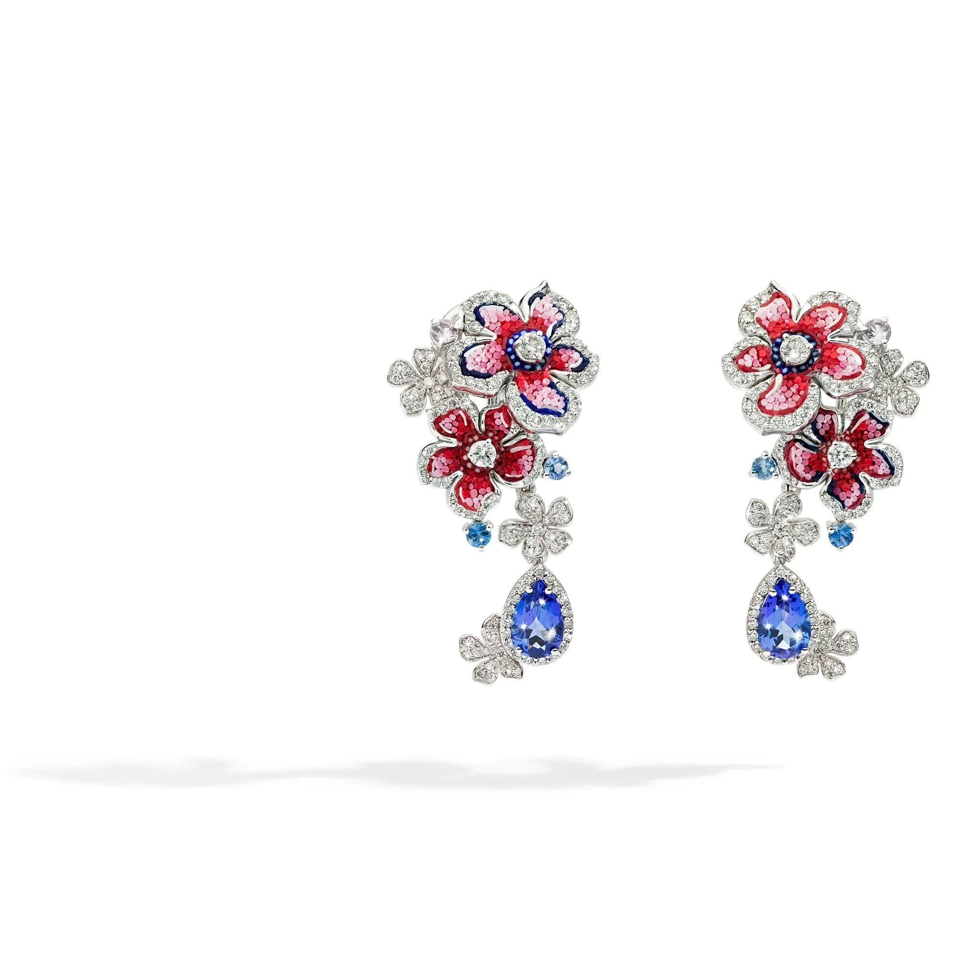 Pear Cut White Gold Earrings with Tanzanites, White Diamonds, Sapphires and Micromosaic For Sale