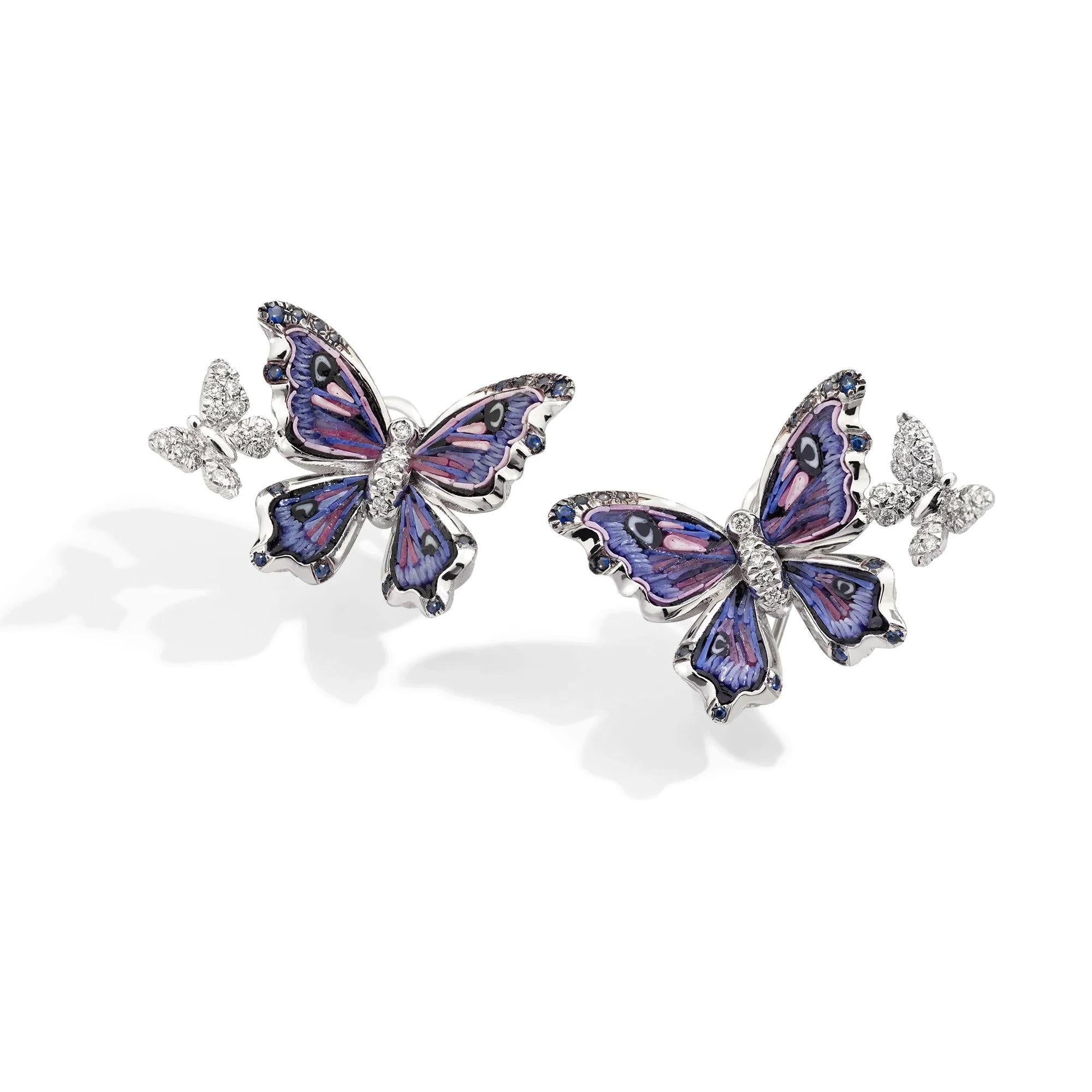 Round Cut White Gold Earrings with White Diamonds, Blue Sapphires and Micromosaic For Sale