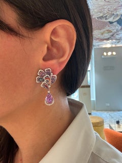 Pendientes de Oro Blanco con Diamantes Blancos, Kunzita y Micromosaico