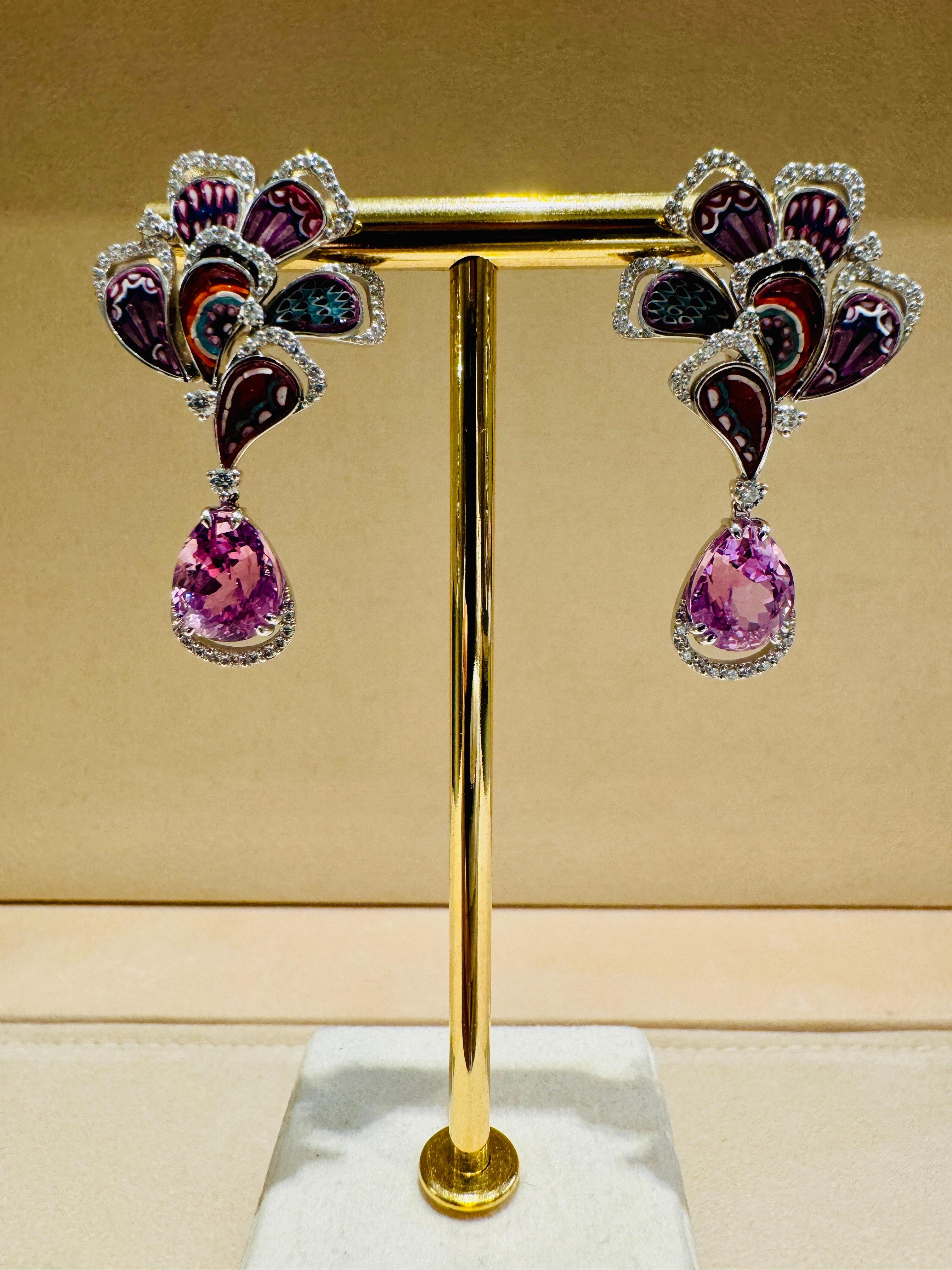 Contemporary White Gold Earrings with White Diamonds, Kunzite and Micromosaic For Sale