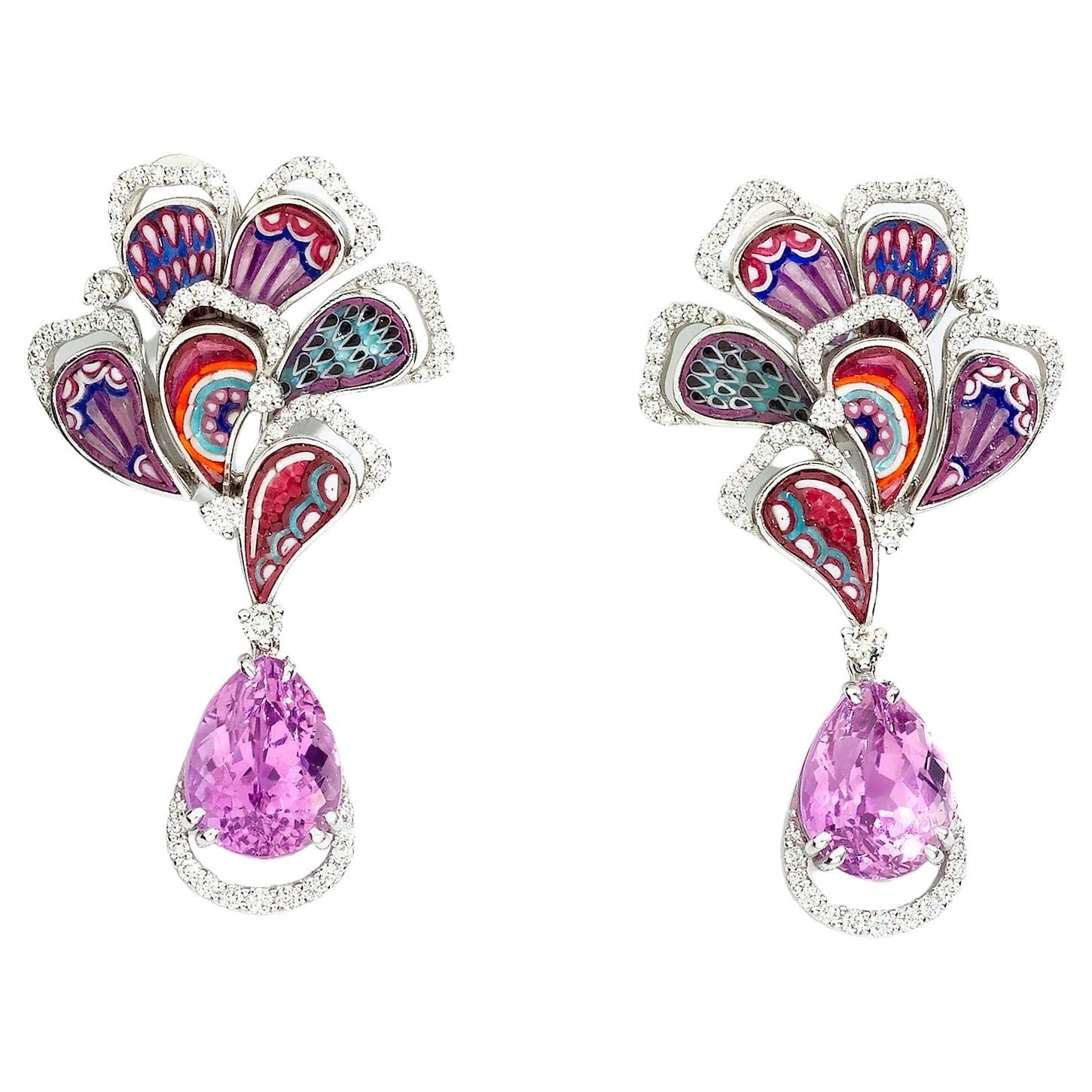 Ohrringe aus Weißgold mit weißenenen Diamanten, Kunzit und Mikromosaik