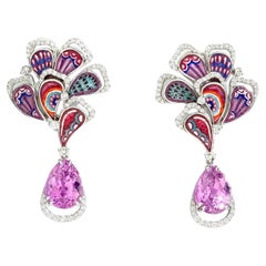 Boucles d'oreilles en or blanc, diamants blancs, kunzite et micromosaïque