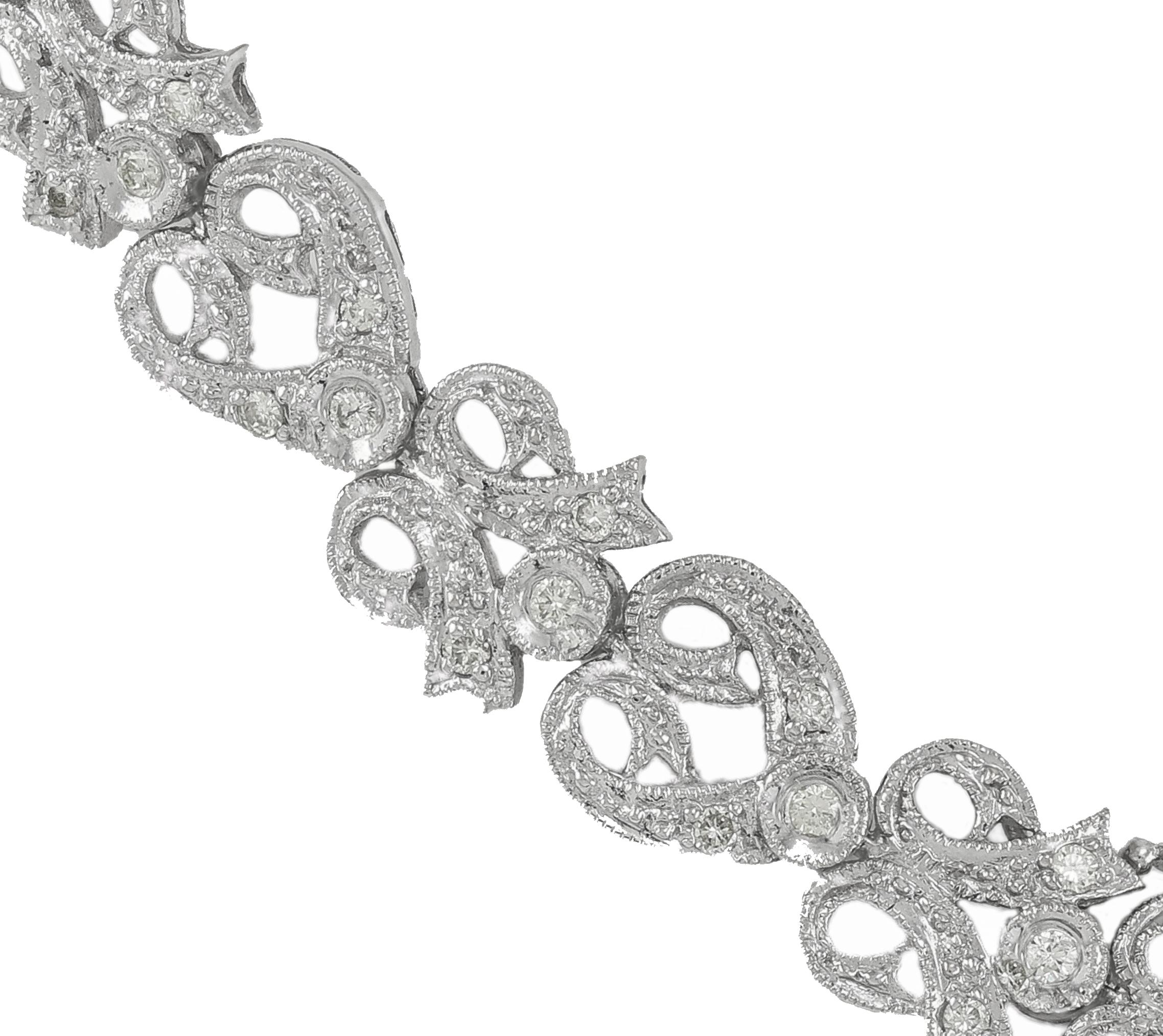 Women's or Men's White Gold Edwardian Style 1.25 Carat Diamond Ribbon and Bow Bracelet For Sale