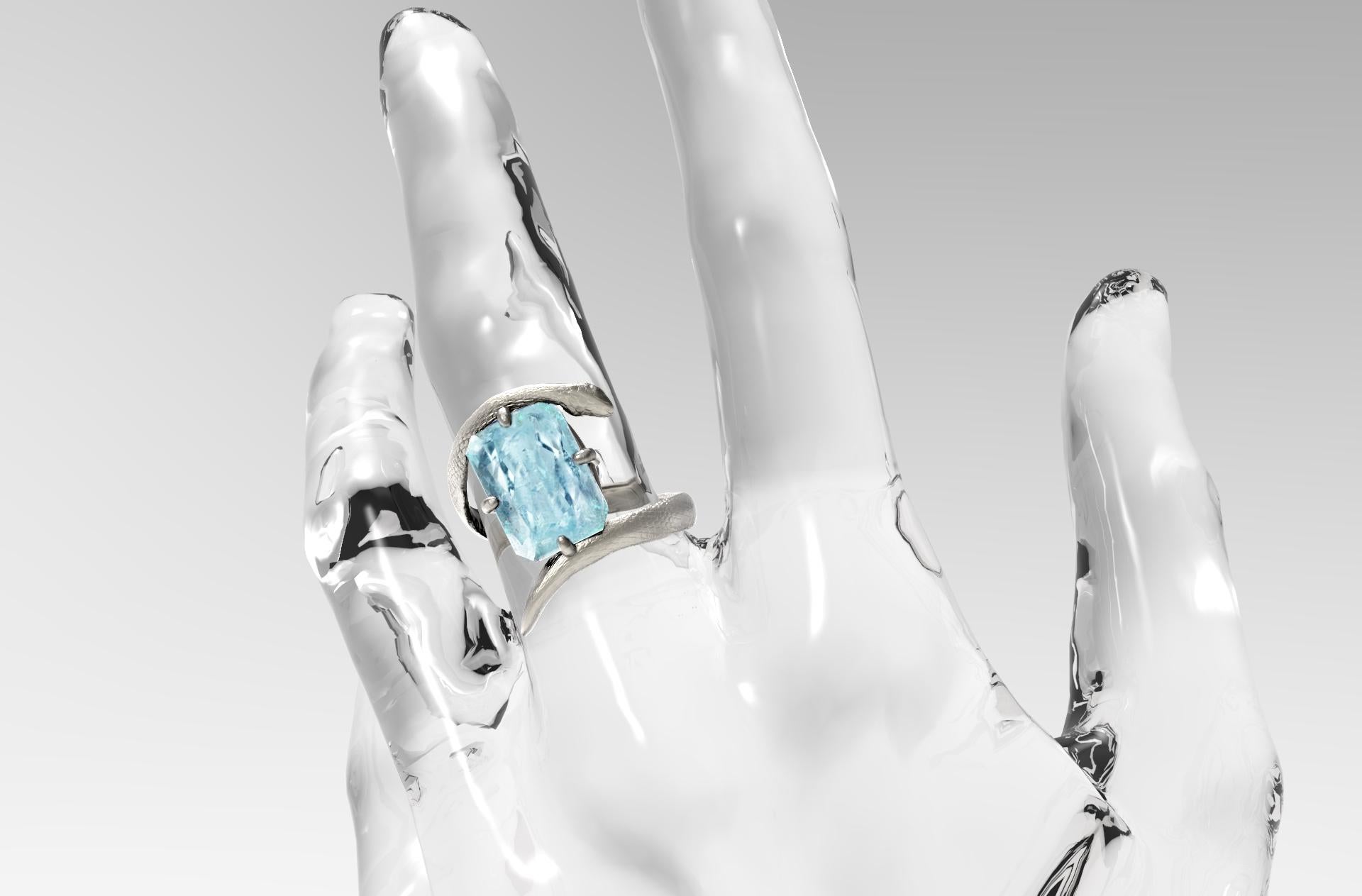 White Gold Egyptian Revival Engagement Ring with Blue Paraiba Tourmaline For Sale 4