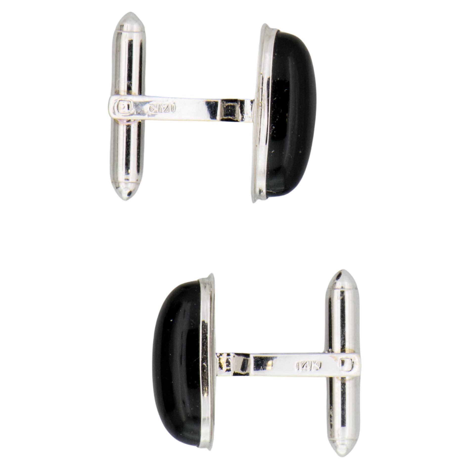 Cabochon White Gold Elegant Cuff Links with Onyx For Sale
