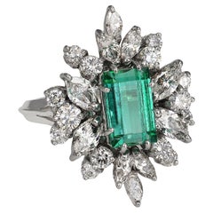 White Gold Elongated Emerald and Diamond Spray Ring