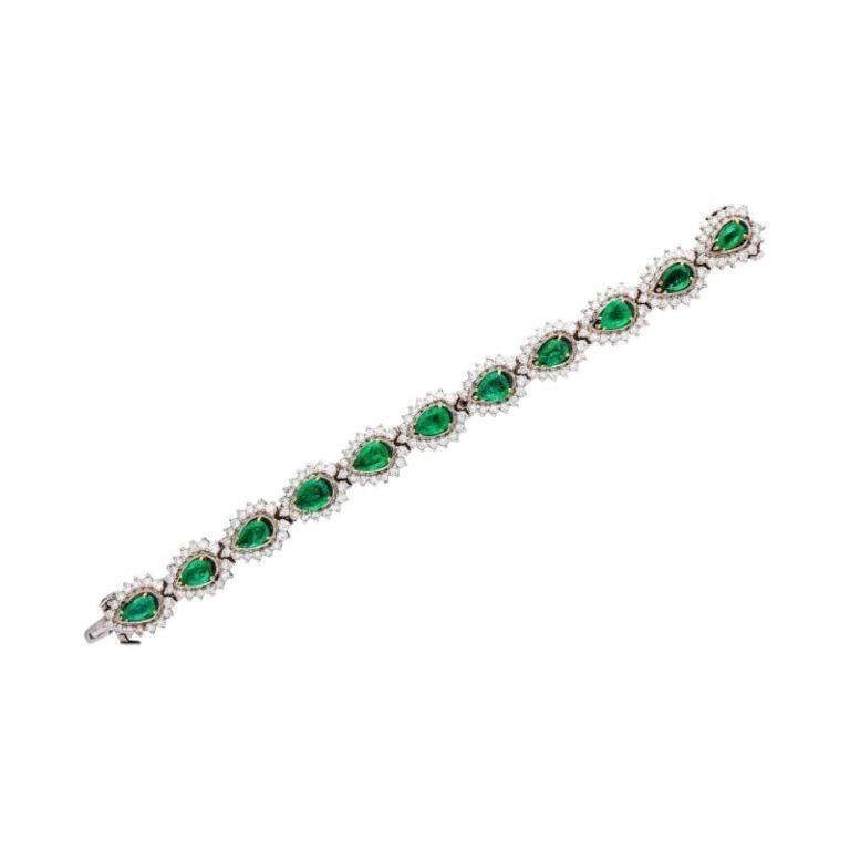 Emerald Cut White Gold, Emerald and Diamond Bracelet For Sale
