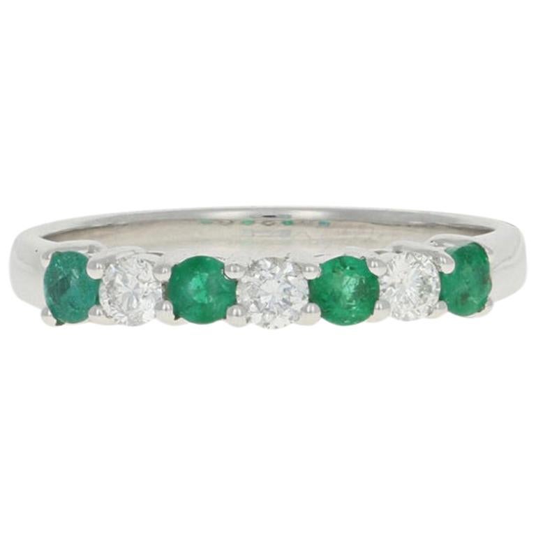White Gold Emerald and Diamond Band Ring, 18 Karat Gold Round Cut .62 Carat