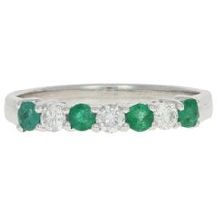 White Gold Emerald and Diamond Band Ring, 18 Karat Gold Round Cut .62 Carat