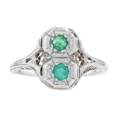 White Gold Emerald Art Deco Floral Two-Stone Ring, 18k Round Cut .28ctw Vintage