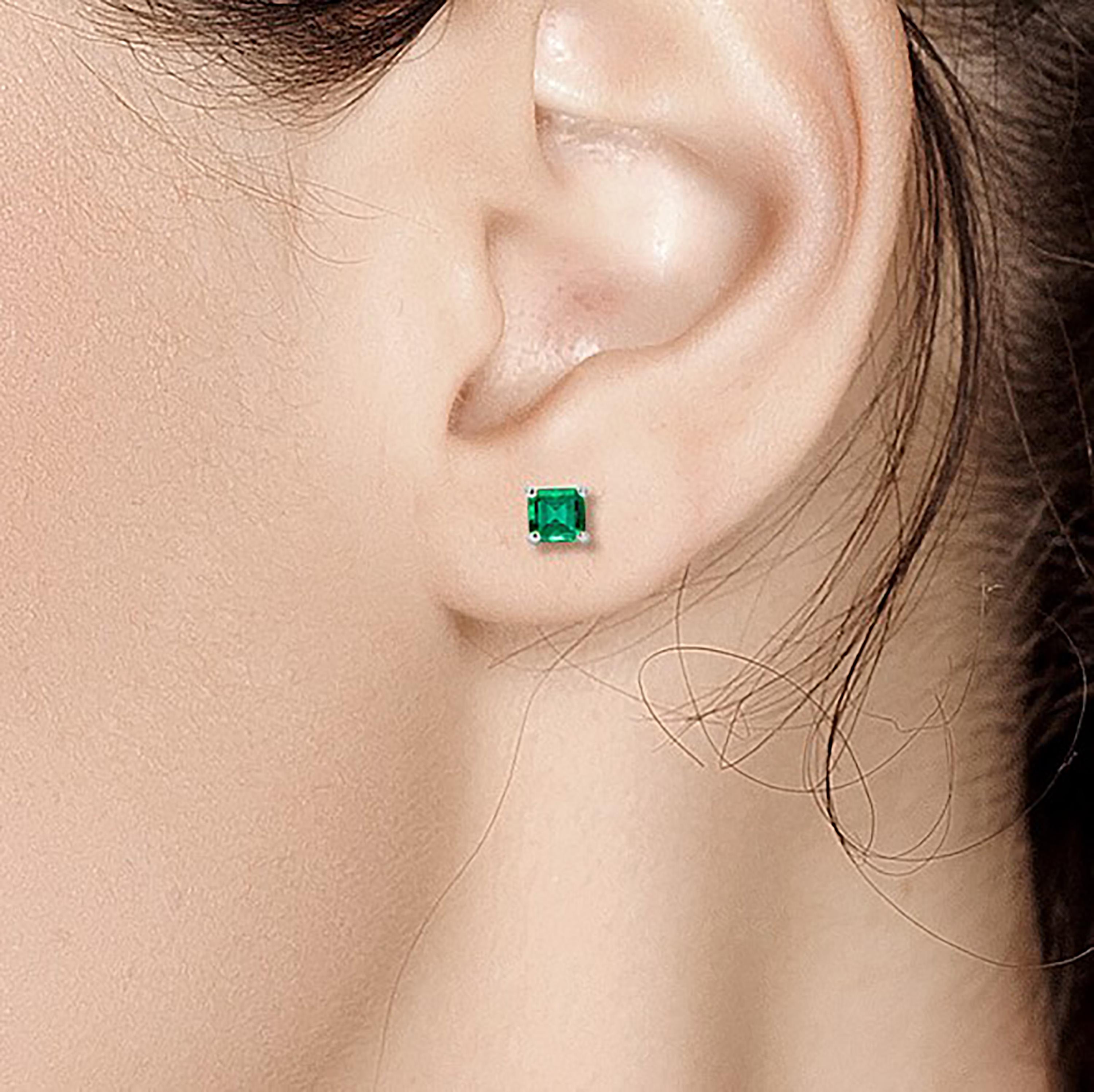 14 karats white gold 5-millimeter Colombia emerald stud earrings 
Two emerald weighings 0.80 carats
Width of the earrings 5.5 millimeter 
New Earrings
Our design team select gemstones for their quality, aesthetic beauty, and sale value of the