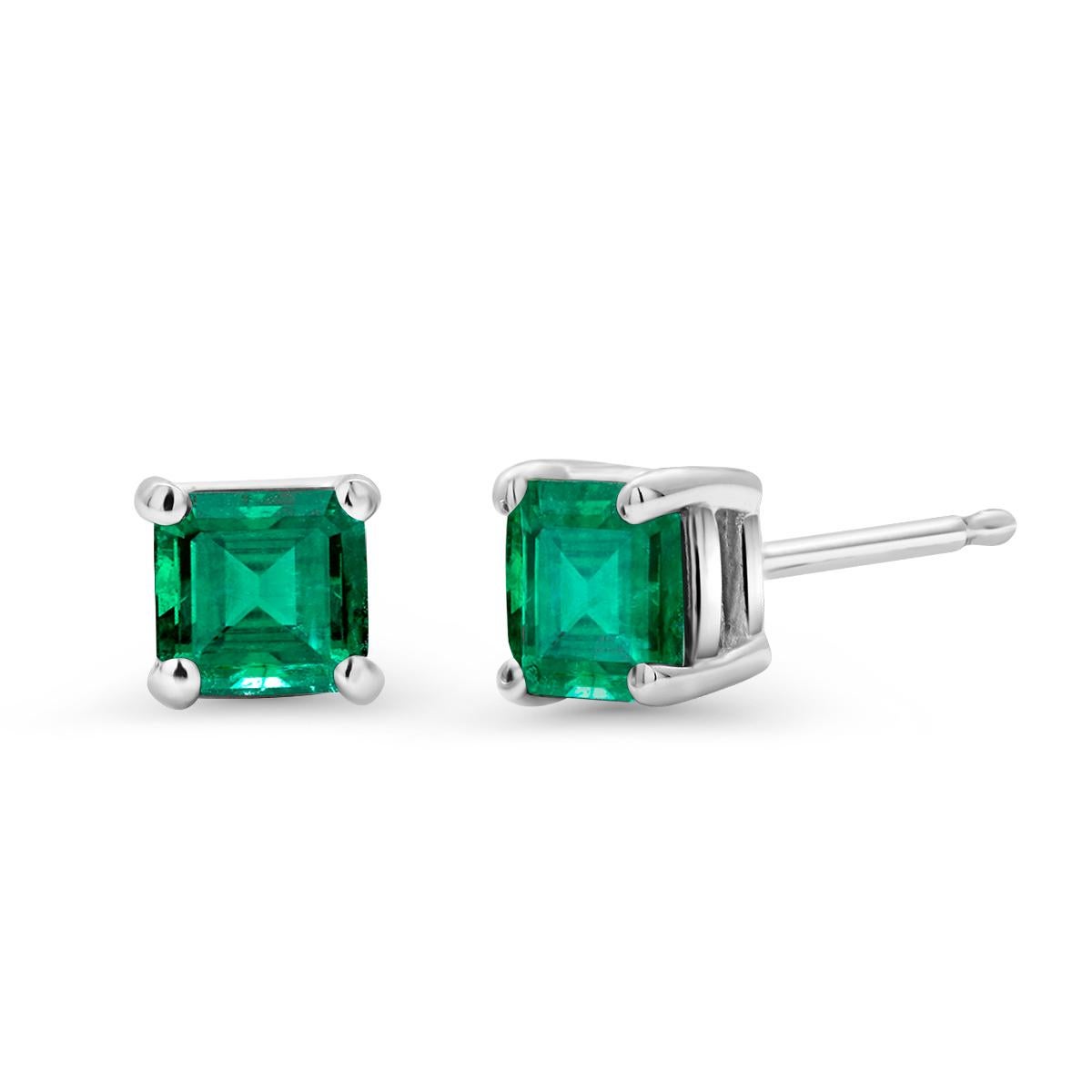 Modern Emerald Cut Colombia Emerald White Gold Stud Earrings Weighing 0.80 Carats 