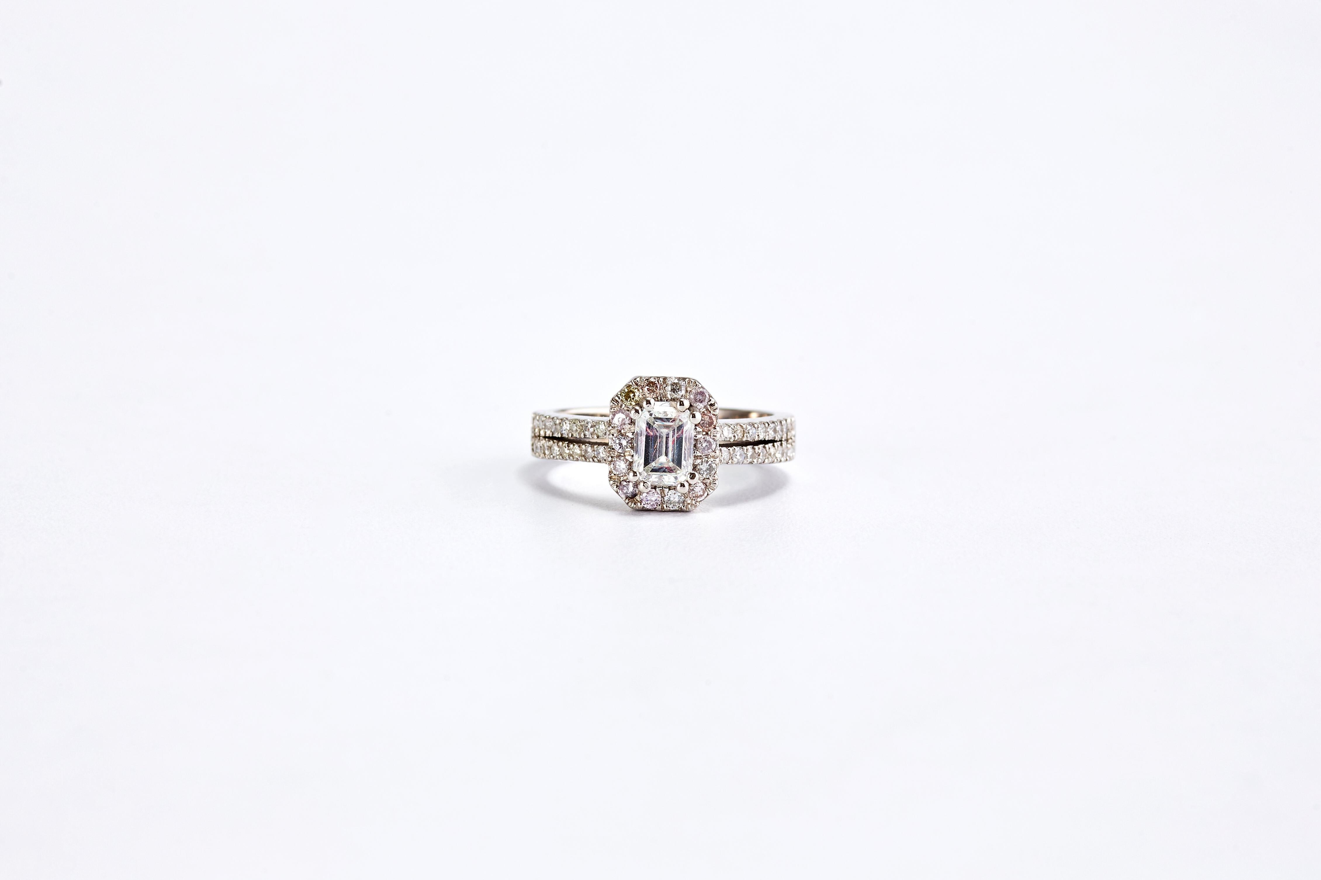 Women's White Gold Emerald Cut Diamond Engagement Ring with a Halo For Sale