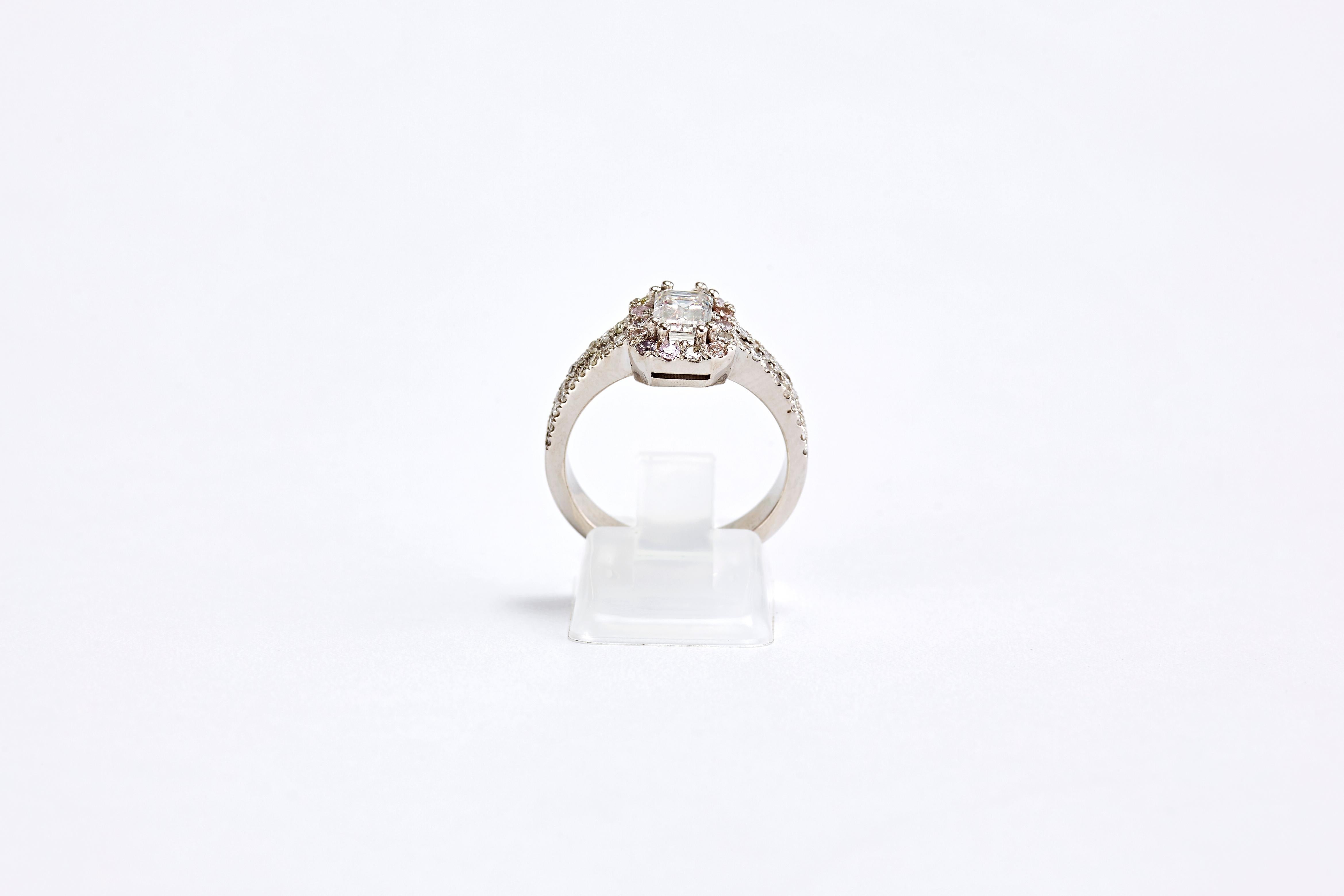 White Gold Emerald Cut Diamond Engagement Ring with a Halo For Sale 1