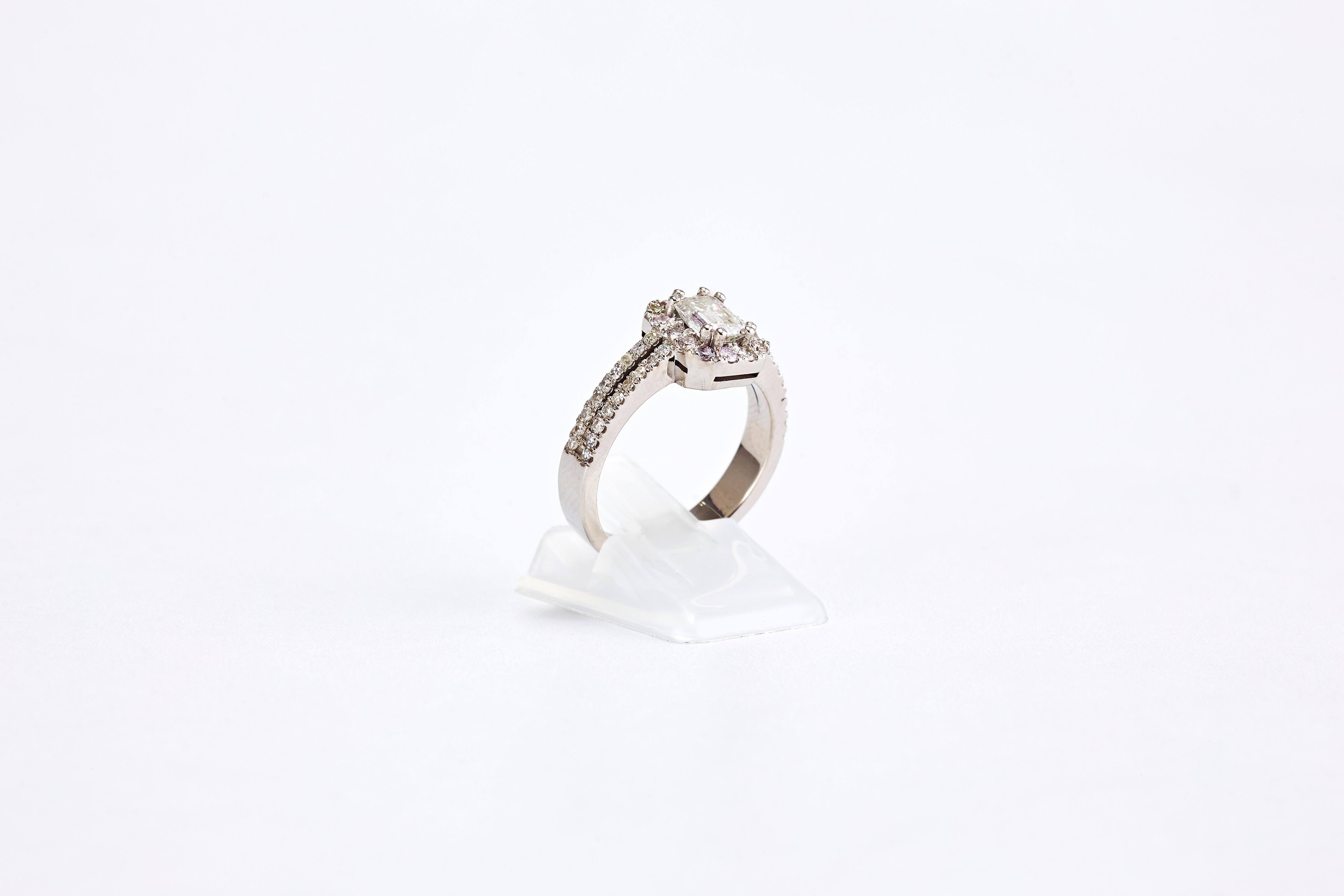 White Gold Emerald Cut Diamond Engagement Ring with a Halo For Sale 2