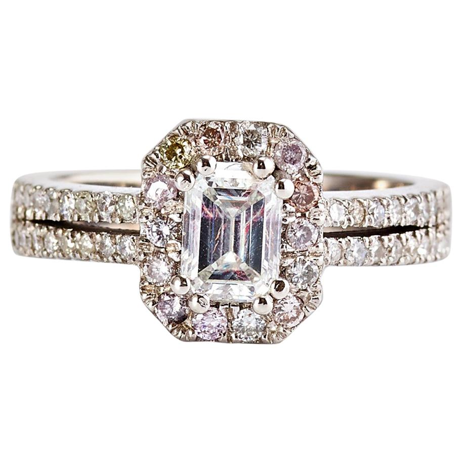 White Gold Emerald Cut Diamond Engagement Ring with a Halo