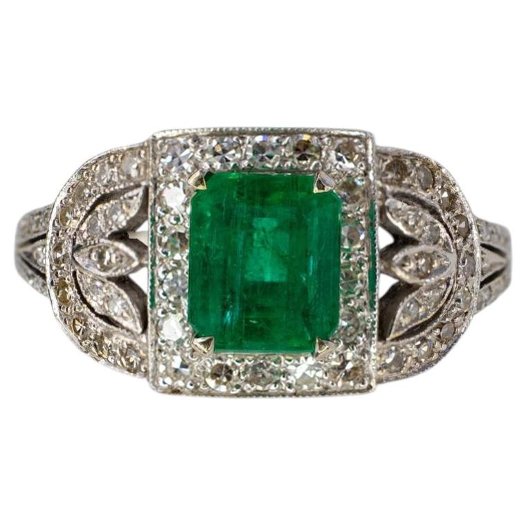 White Gold Emerald-Cut Emerald and Diamond Art Deco Style Cluster Ring
