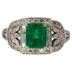 White Gold Emerald-Cut Emerald and Diamond Art Deco Style Cluster Ring