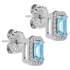 White Gold Emerald-Cut Topaz and Diamond Halo Earrings, 1.41 Carats