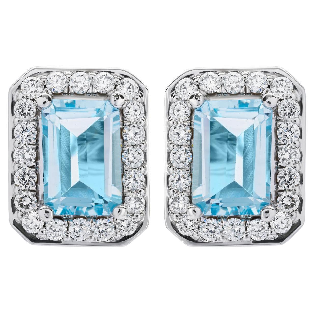 White Gold Emerald-Cut Topaz and Diamond Halo Earrings, 1.41 Carats For Sale