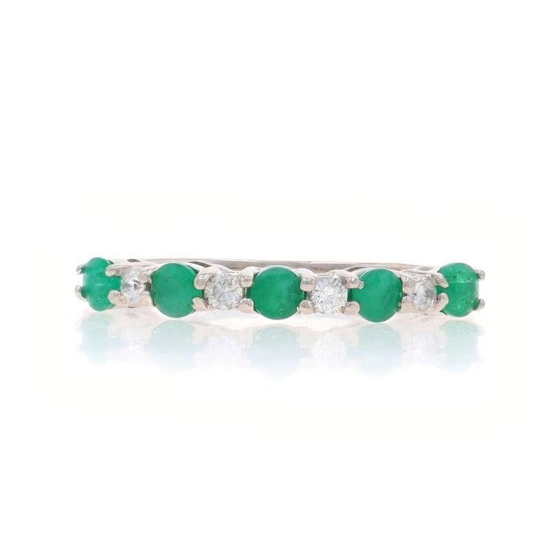Size: 6 1/2
Sizing Fee: Up 1/2 a size for $35 or Down 1/2 a size for $35

Metal Content: 14k White Gold

Stone Information

Natural Emeralds
Treatment: Oiling
Carat(s): .45ctw
Cut: Round
Color: Green

Natural Diamonds
Carat(s): .10ctw
Cut: Round