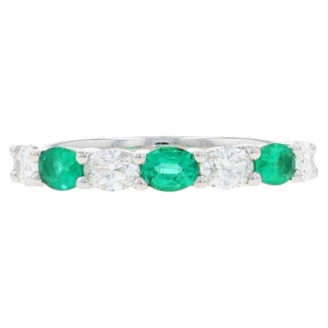 White Gold Emerald Diamond Band - 18k Oval .99ctw Ring For Sale