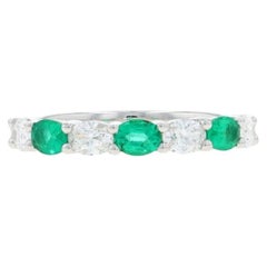 White Gold Emerald Diamond Band - 18k Oval .99ctw Ring