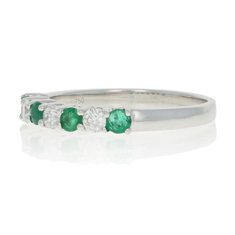 White Gold Emerald and Diamond Band Ring, 18 Karat Gold Round Cut .62 Carat In New Condition In Greensboro, NC