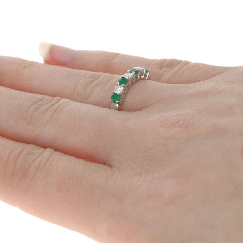 Women's White Gold Emerald and Diamond Band Ring, 18 Karat Gold Round Cut .62 Carat
