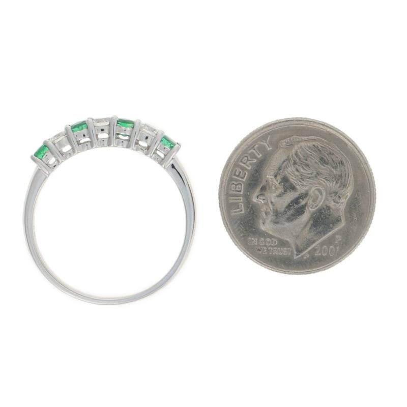 White Gold Emerald and Diamond Band Ring, 18 Karat Gold Round Cut .62 Carat 2