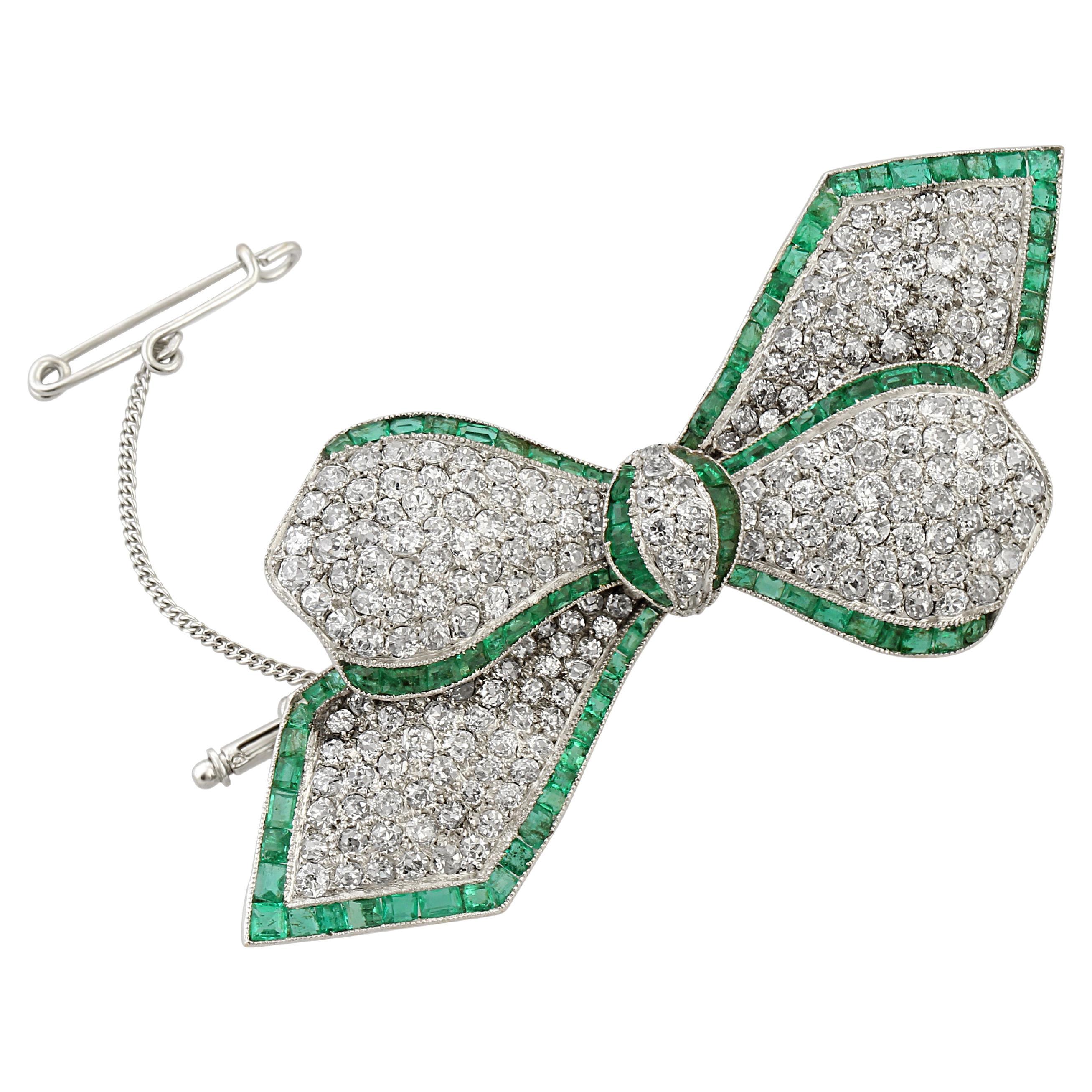 White Gold, Emerald & Diamond Bow Brooch For Sale