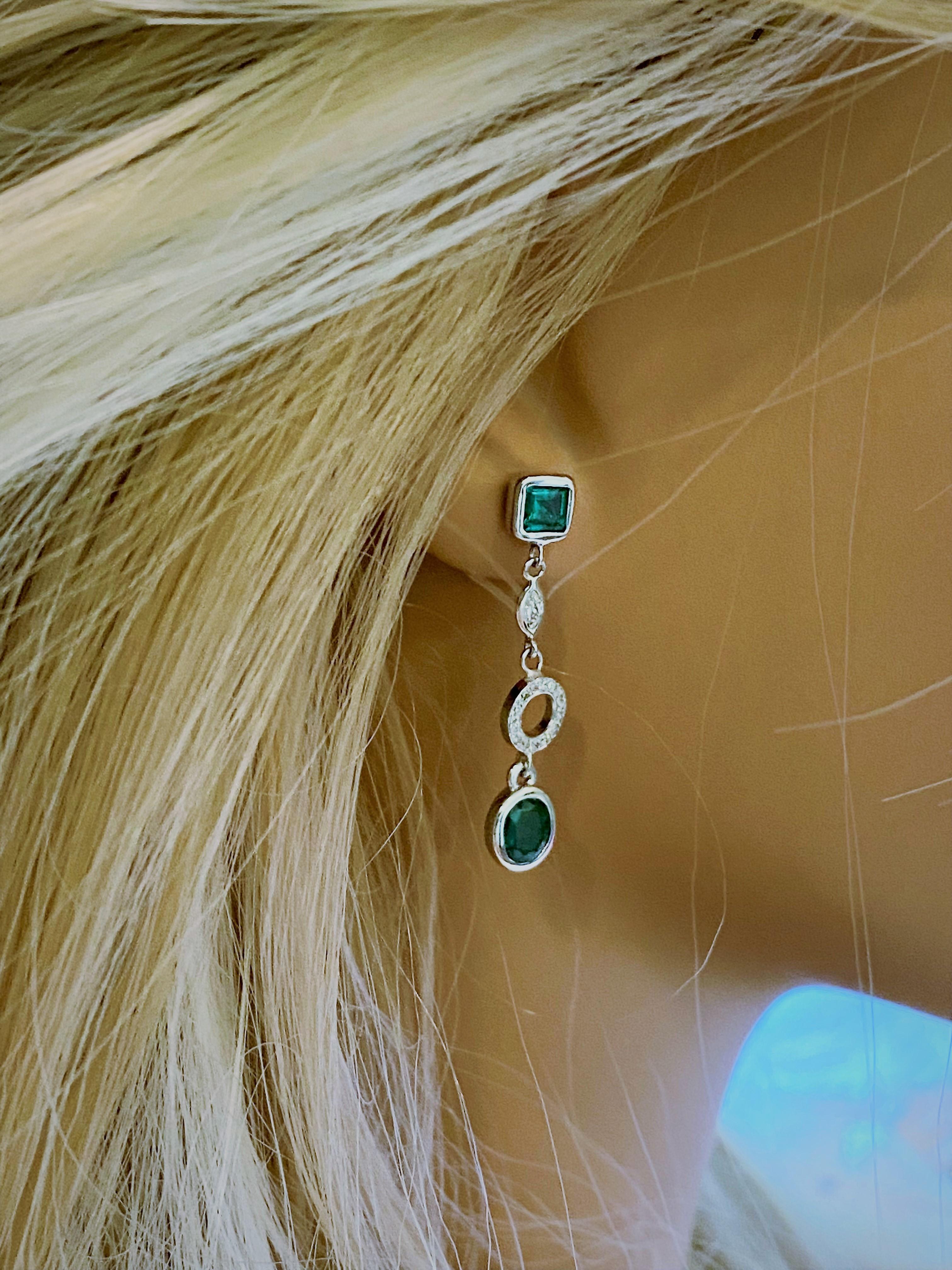 Women's White Gold Emerald Diamond Circle Drop Earrings Weighing 3.10 Carat