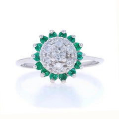 White Gold Emerald Diamond Cluster Halo Ring - 14k Round .82ctw