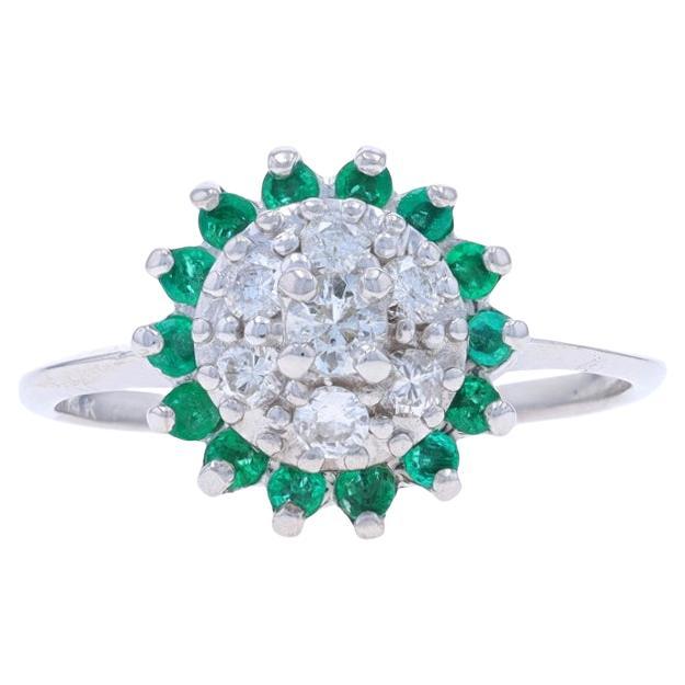 White Gold Emerald Diamond Cluster Halo Ring - 14k Round .82ctw