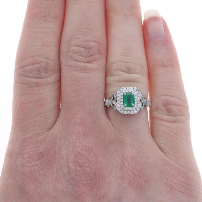 Emerald Cut White Gold Emerald Diamond Double Halo Ring - 14k Emearld 1.1ctw For Sale