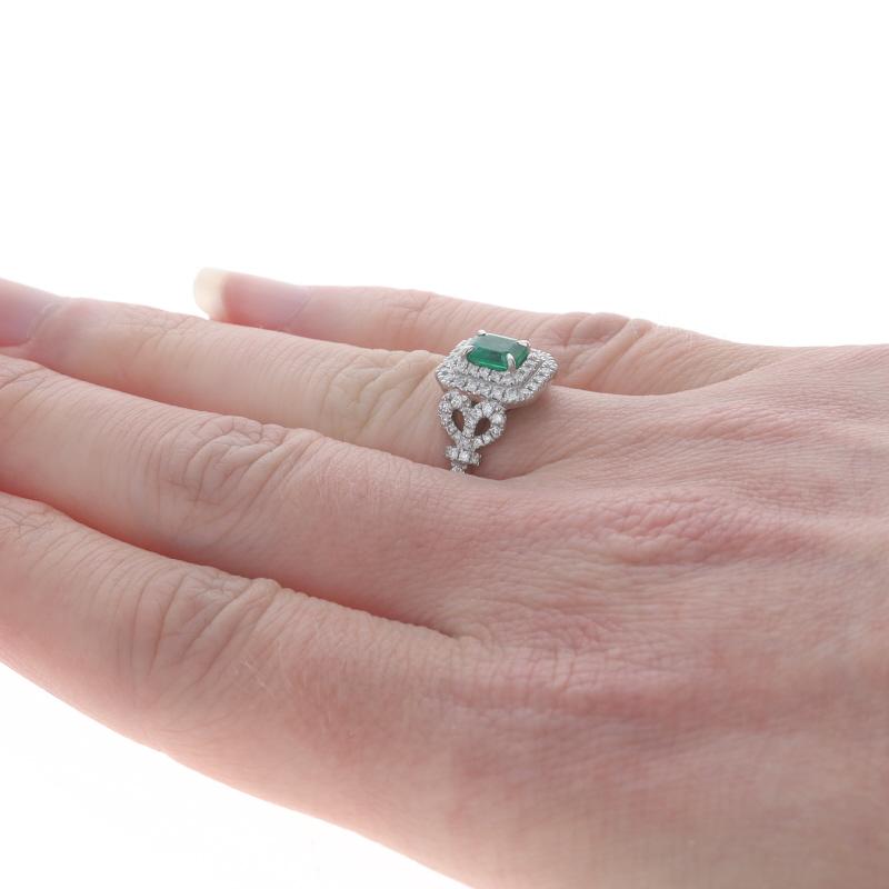 Women's White Gold Emerald Diamond Double Halo Ring - 14k Emearld 1.1ctw For Sale