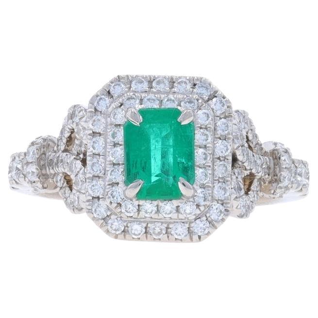 White Gold Emerald Diamond Double Halo Ring - 14k Emearld 1.1ctw