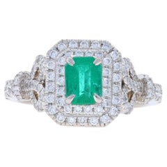 White Gold Emerald Diamond Double Halo Ring - 14k Emearld 1.1ctw