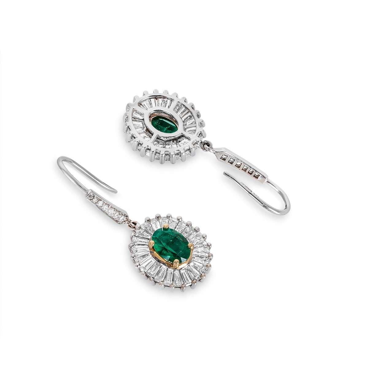Oval Cut White Gold Emerald & Diamond Drop Earrings
