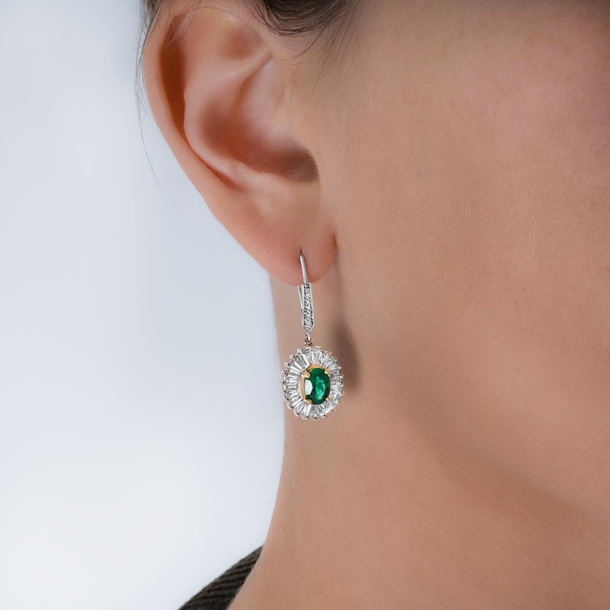 Women's or Men's White Gold Emerald & Diamond Drop Earrings