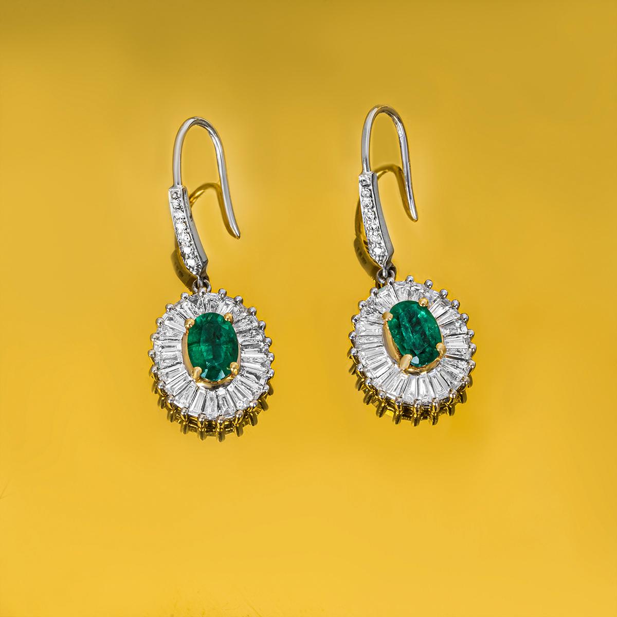 White Gold Emerald & Diamond Drop Earrings 1