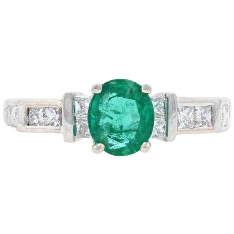 White Gold Emerald and Diamond Engagement Ring, 18 Karat Oval Cut 1.29 Carat For Sale