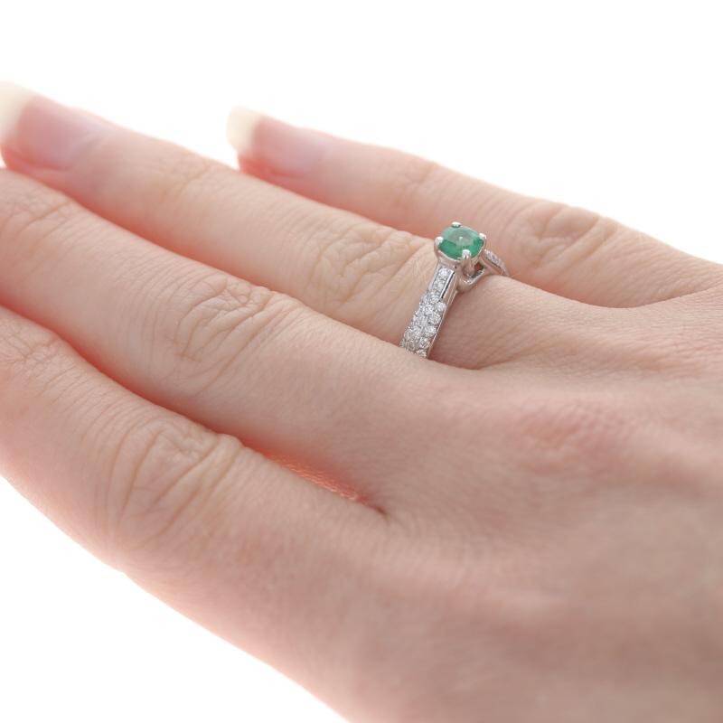 White Gold Emerald & Diamond Engagement Ring - 18k Round .67ctw Cathedral In Excellent Condition For Sale In Greensboro, NC