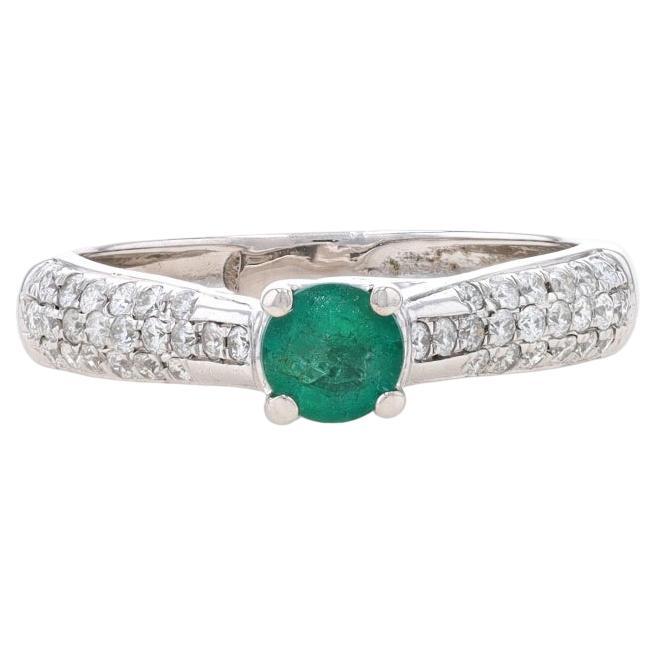 White Gold Emerald & Diamond Engagement Ring - 18k Round .67ctw Cathedral For Sale