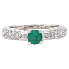 White Gold Emerald & Diamond Engagement Ring - 18k Round .67ctw Cathedral