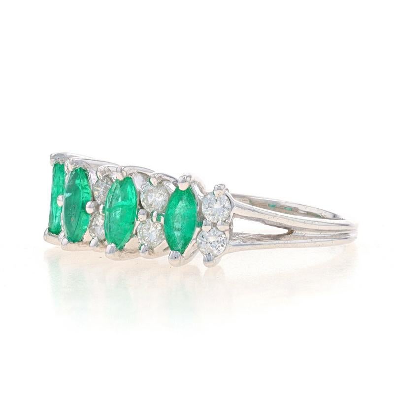 Marquise Cut White Gold Emerald & Diamond Four-Stone Band - 14k Marquise 1.02ctw Ring For Sale