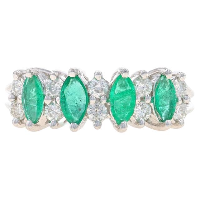 White Gold Emerald & Diamond Four-Stone Band - 14k Marquise 1.02ctw Ring For Sale