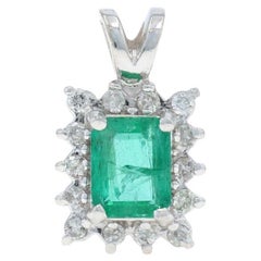 White Gold Emerald Diamond Halo Pendant - 14k 1.06ctw